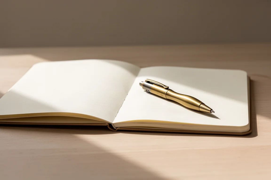 Caneta multifuncional compacta apoiada ao lado de um caderno aberto