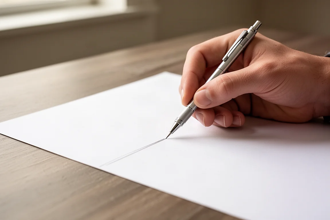Dłoń płynnie pisząca małym piórem atomatycznym na białym papierze
