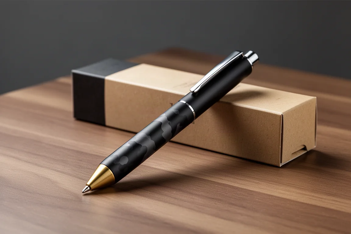 Penna roller OHTO CR01 con finitura camo su una scrivania in legno spazzolato accanto alla sua confezione