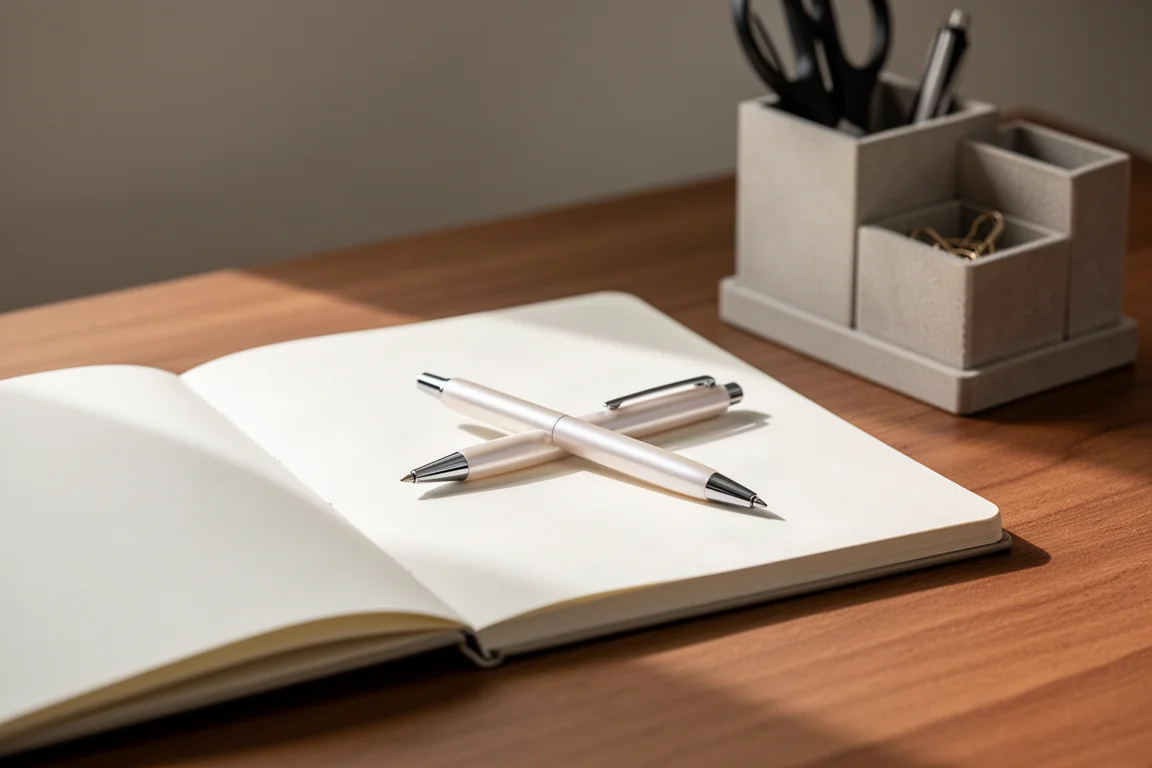 Penna appoggiata su una scrivania accanto a un quaderno in un ambiente di lavoro quotidiano