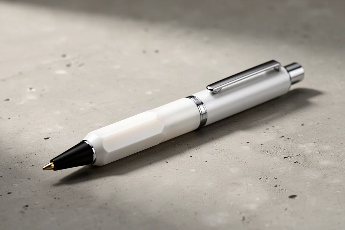 OHTO GS02 full-metal ballpoint pen in pearl white on a concrete surface