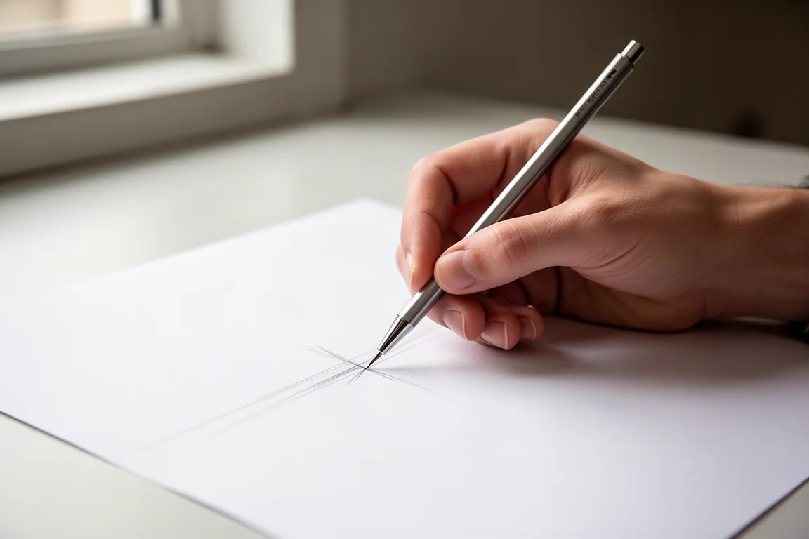 Hand schreibt feine präzise Linien mit einem Zeichenstift auf Papier