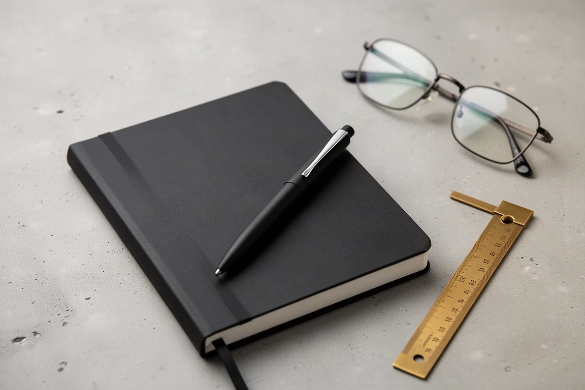 Am Notizbuchdeckel geklemmter Stift neben Alltagsgegenständen auf einem Schreibtisch