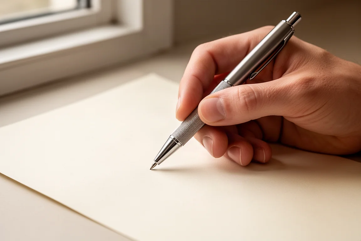 Skrivande hand på papper som visar ett stadigt grepp kring en metallpenna