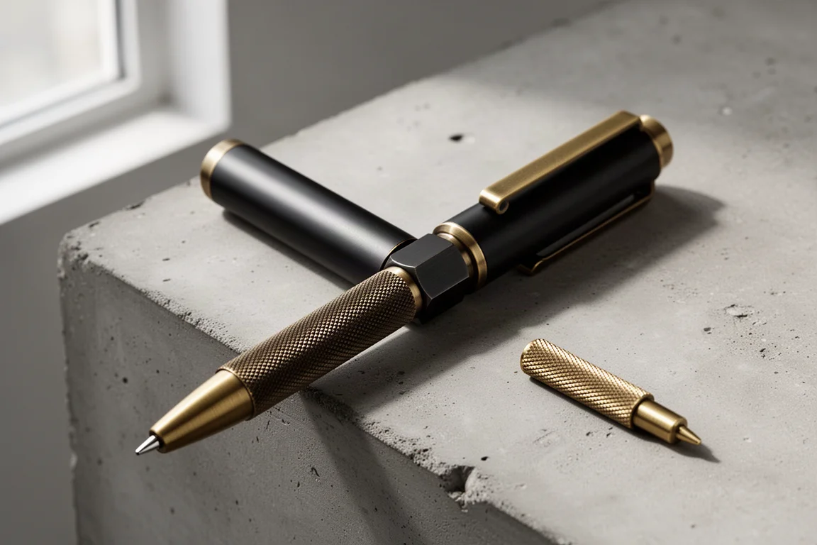 Matte black brass multifunction pen with knurled grip on concrete surface
