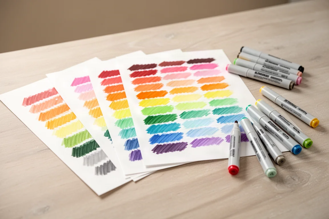 Cartela de cores das canetas preenchida manualmente, espalhada sobre folhas de papel