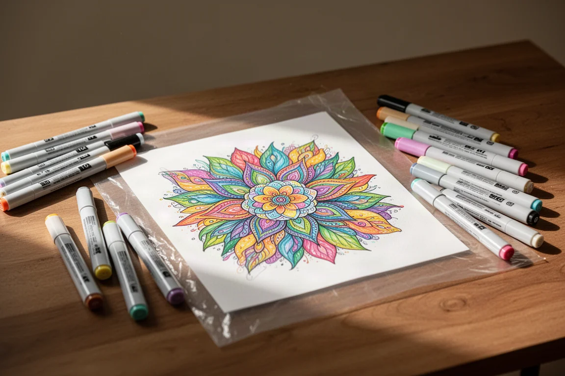 Arte em andamento com canetas à base de álcool sobre uma mesa, com as canetas à mostra