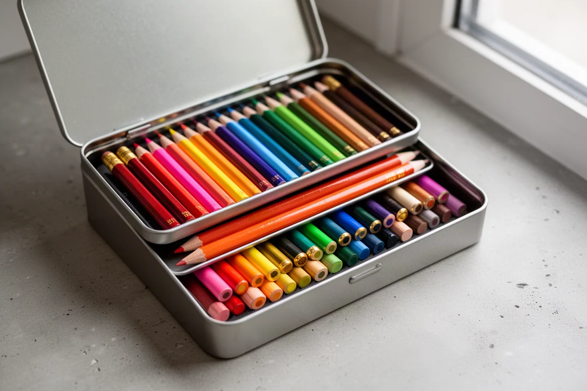 Lata abierta de 72 lápices de colores mostrando dos capas de cuerpos de colores vivos