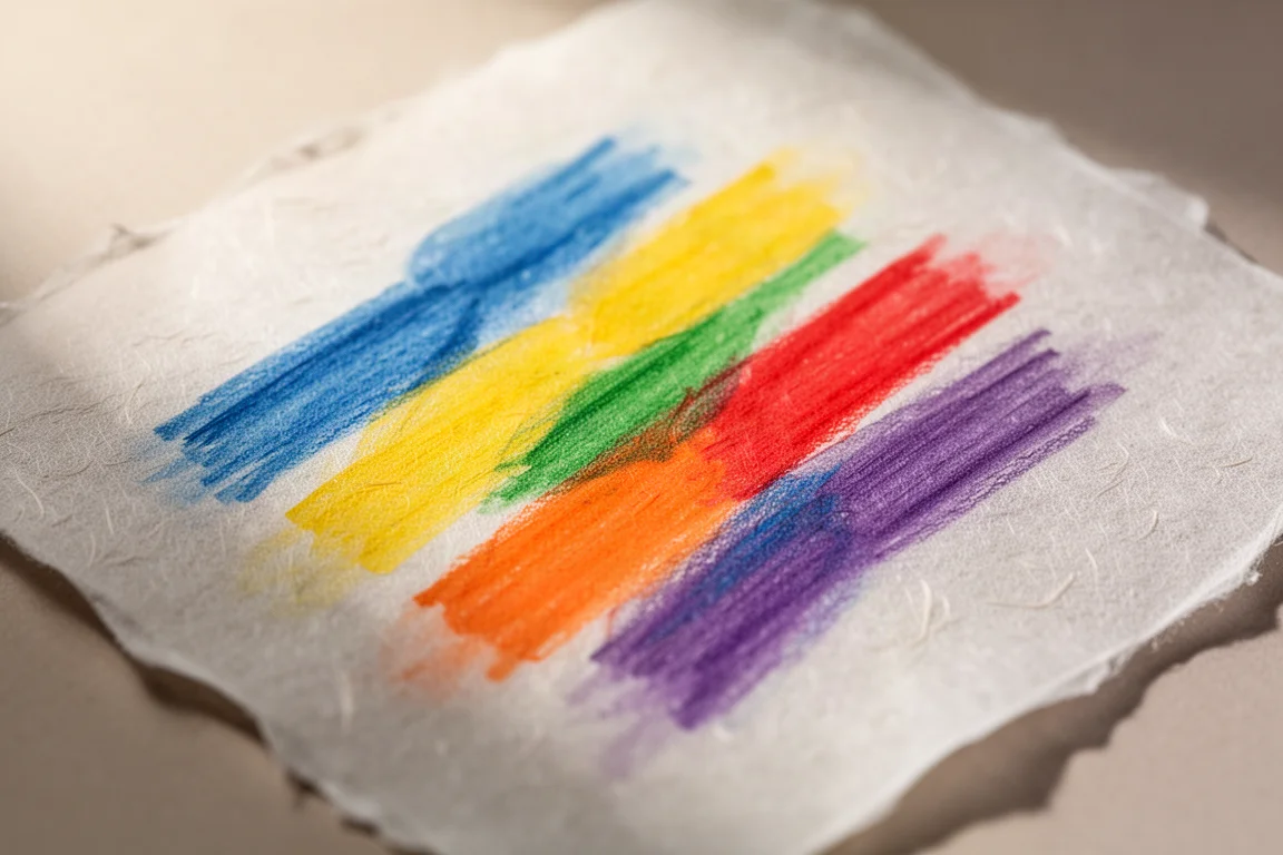 Prueba de degradado con lápices de colores mostrando azul, amarillo y rojo fundiéndose en verde, naranja y morado