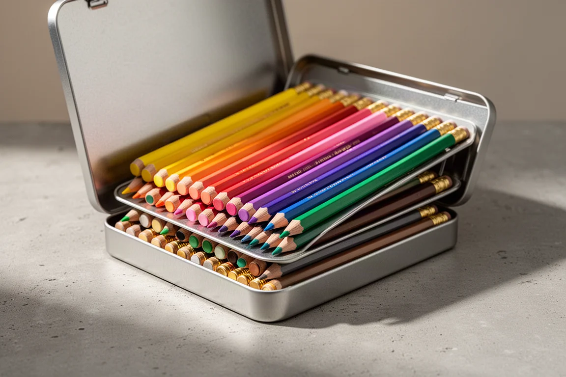 Lata metálica abierta de 72 lápices de colores dispuestos en dos capas coloridas