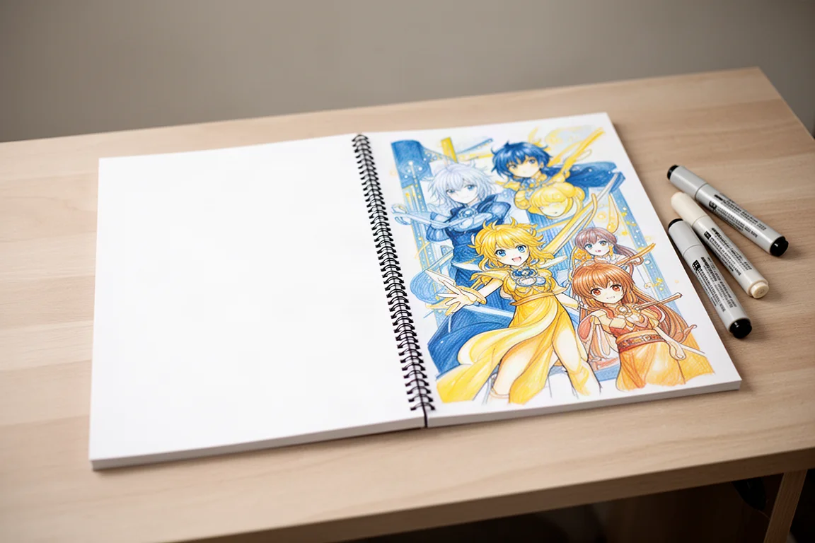 Bloc de rotuladores abierto en horizontal sobre un escritorio mostrando una ilustración estilo manga en proceso