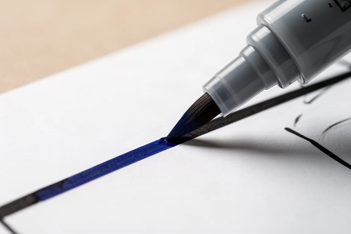 Primer plano de una punta de pincel de rotulador depositando tinta limpia junto al trazado dibujado