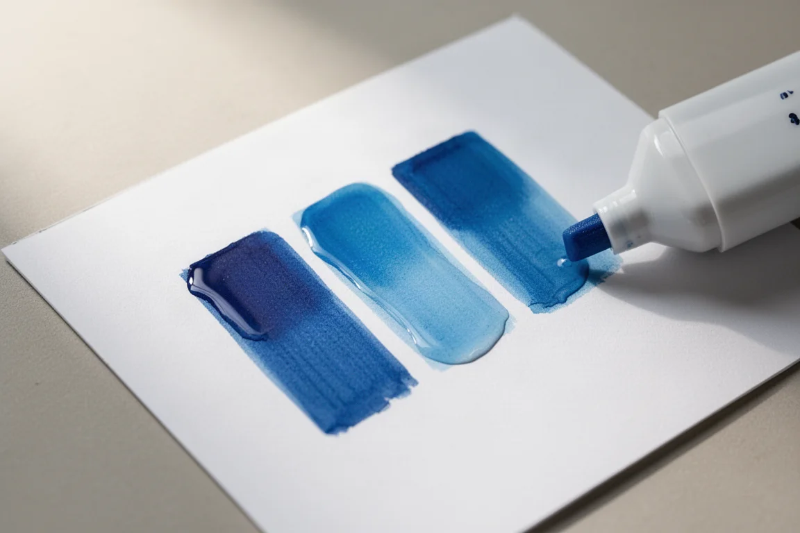 Tres muestras de color de rotulador superpuestas mezclándose suavemente sobre papel blanco