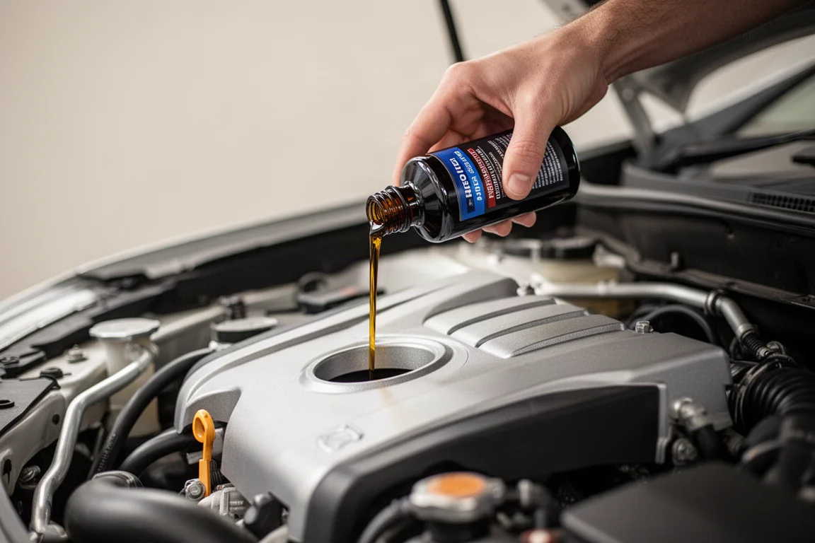Close-up of a hand pouring oil additive into an engine oil fill port