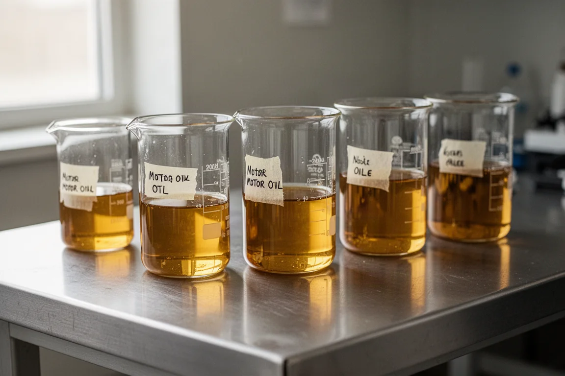 Laboratory glass beakers with motor oil samples on a metal workbench