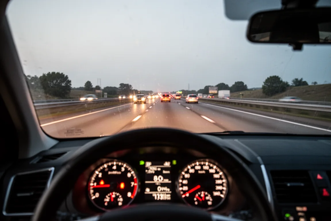 Car dashboard showing speedometer and fuel economy gauges during a highway test