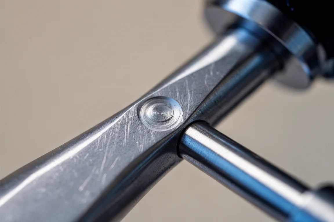 Microscope view of a metal test pin showing a wear scar after lubricity testing