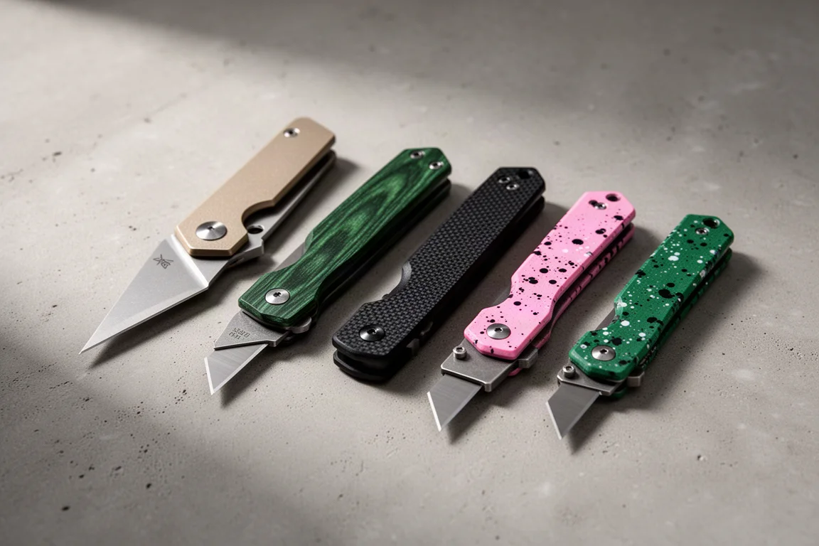 六把極簡風格的 OITE 折刀與美工刀,採用鋁合金、micarta、G10、鈦金屬、粉紅與綠色表面處理,擺放在水泥地上
