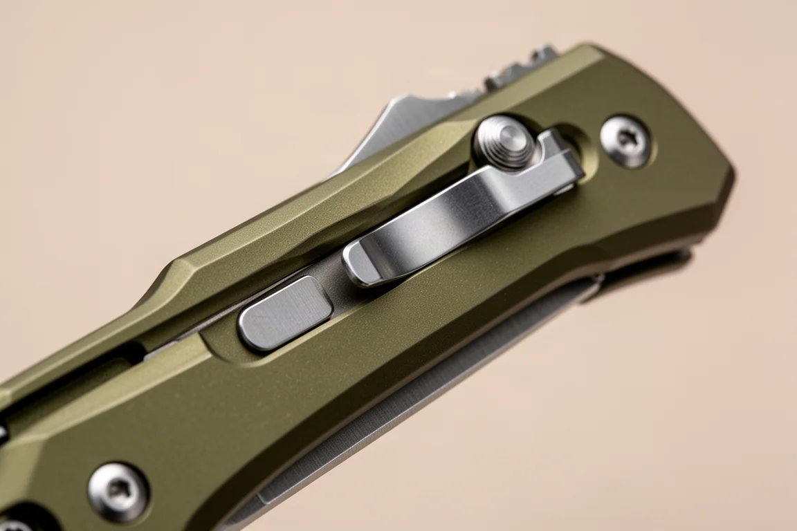 Nahaufnahme einer Frame-Lock-Schiene und eines Edelstahleinsatzes an einem Taschenmesser
