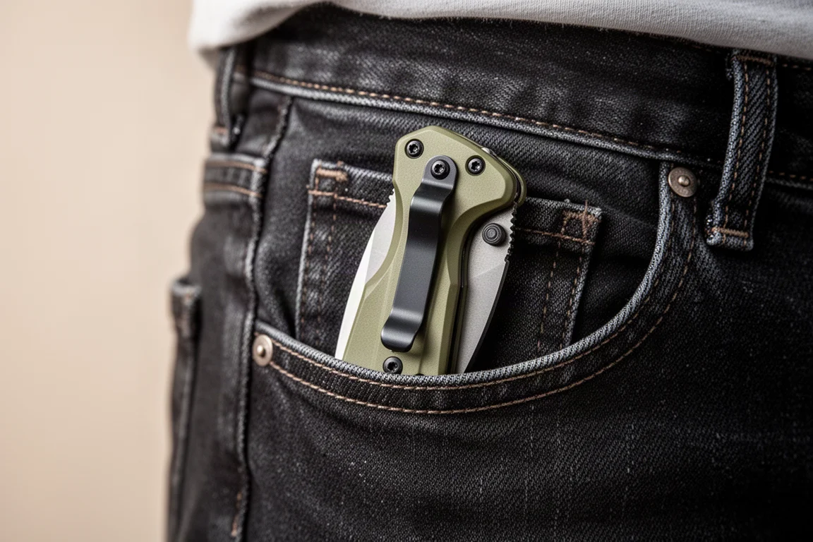 Taschenmesser mit Deep-Carry-Clip in einer Jeanshose eingesteckt