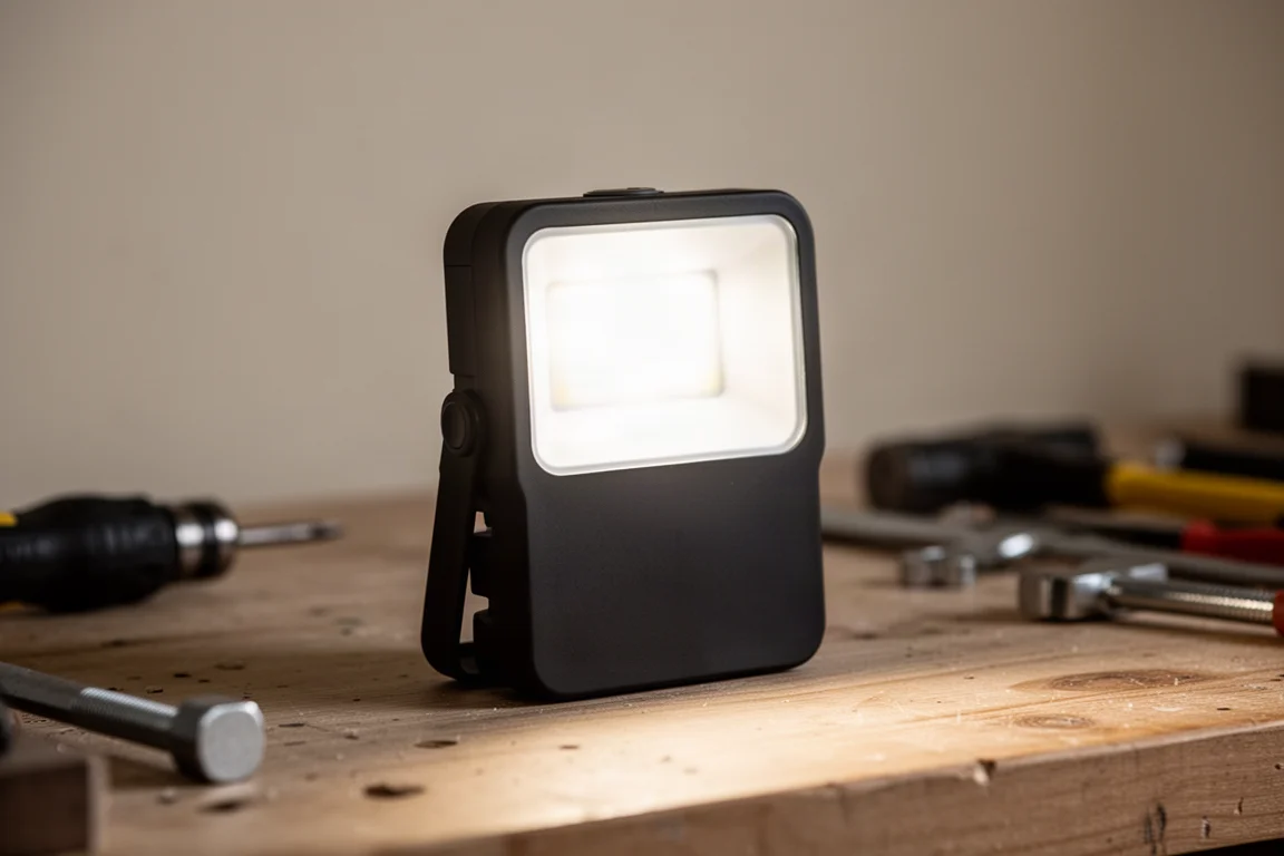 Luz de trabajo LED compacta sobre un banco de trabajo proyectando un haz de inundación amplio