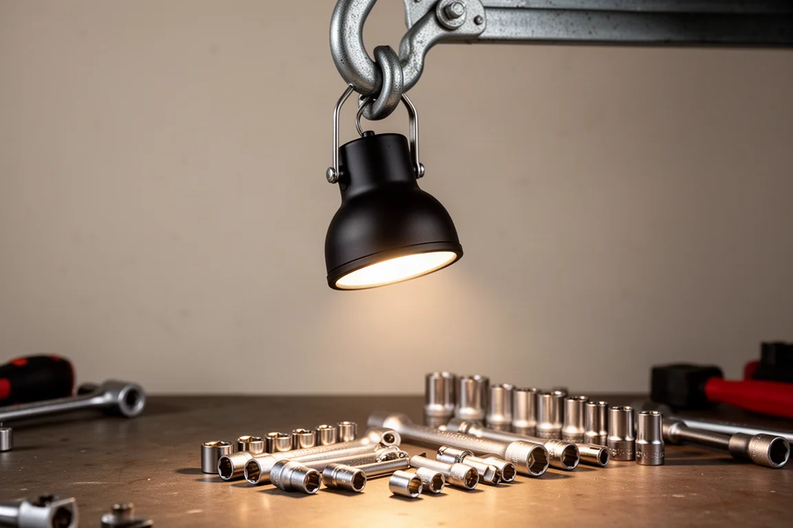 Luz de trabajo sujeta por su gancho sobre una zona de trabajo