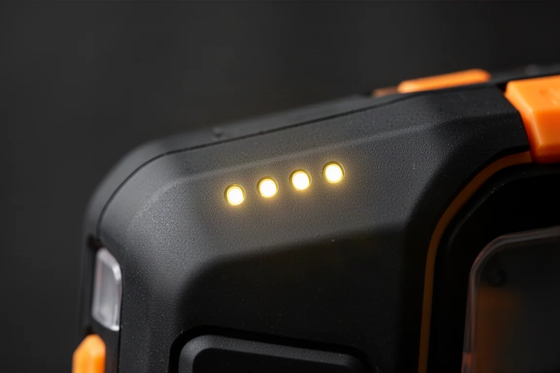 Primer plano de las luces indicadoras de carga de la batería en el cuerpo de una luz de trabajo