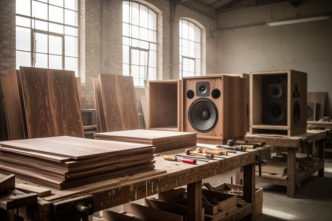 Lautsprecher-Fabrikhalle mit Furnierholzplatten und Gehäusen in Produktion