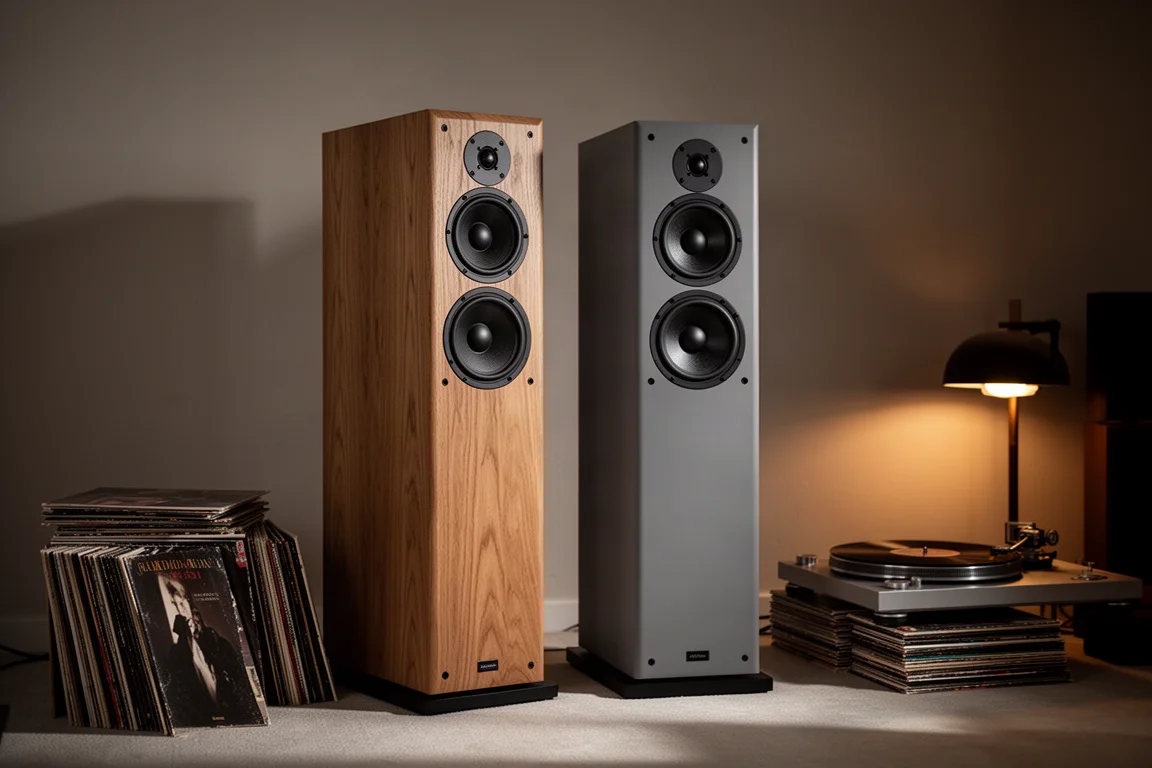 Paar großer Hornlautsprecher in einem dämmrigen Hörraum mit Vinylplatten in der Nähe