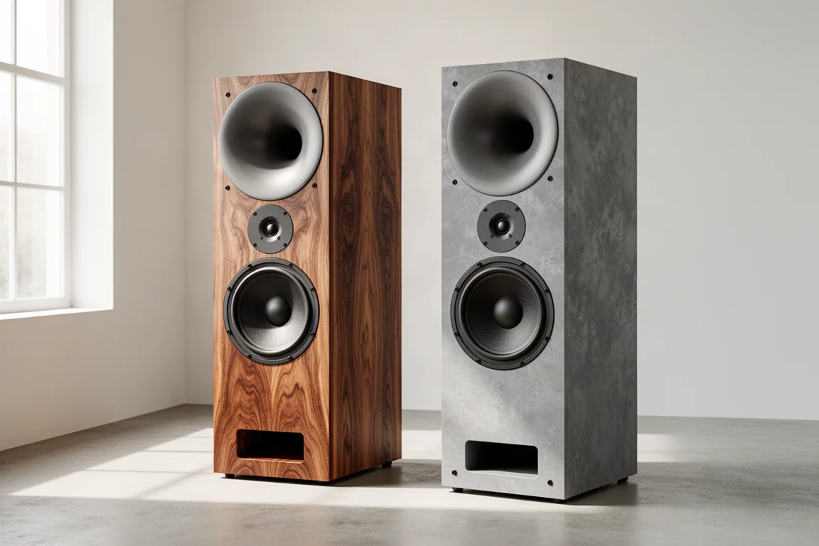 Pair of large floorstanding horn loudspeakers in oak and grey finishes in a bright listening room