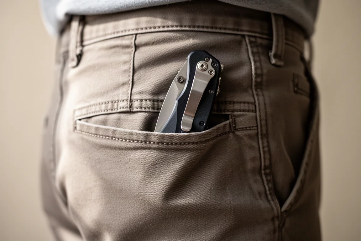 Messer mit bündig sitzendem Clip an der Hosentasche befestigt