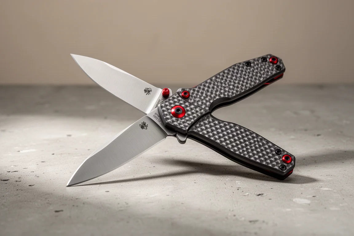 Open folding knife with textured dark aluminum handle and red accents on concrete