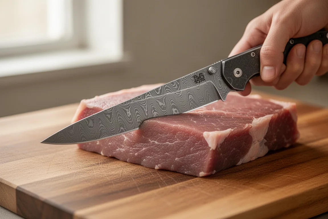 Vouwkeukenmes met damaskling die rauw vlees snijdt op een snijplank
