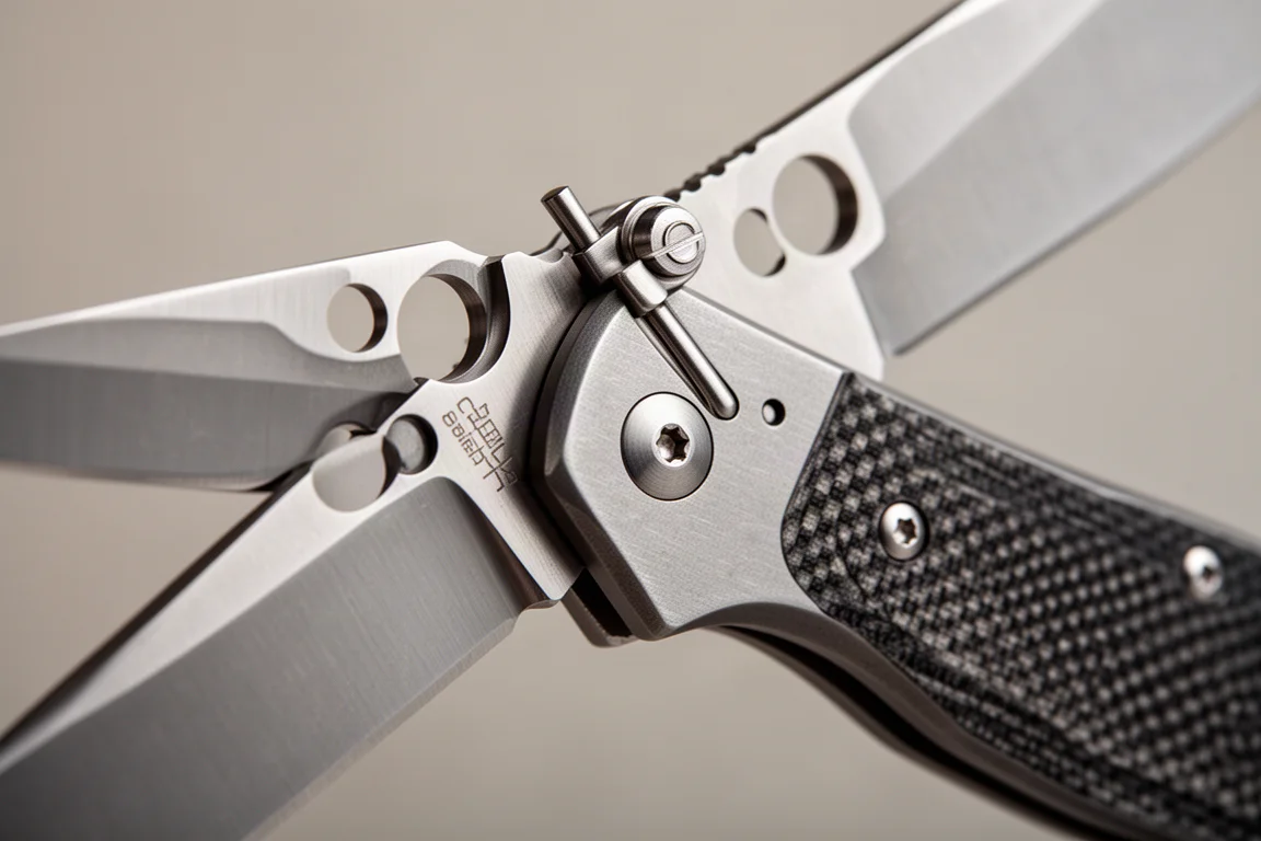 Detailopname van een crossbar-lock-mechanisme op een open vouwmes