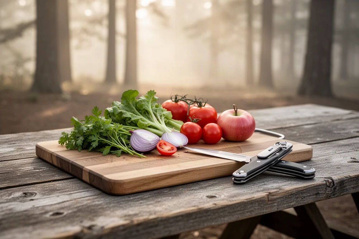 Campkitchensetup met vouwmes en snijplank op een houten tafel buiten