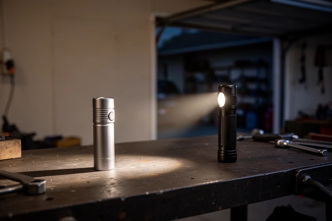Kompakt ficklampa vars stråke belyser en arbetsyta i skymningen