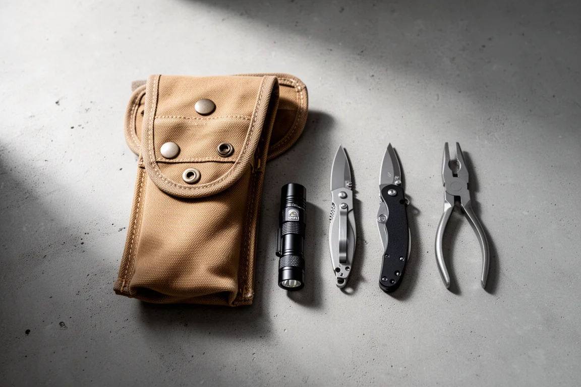 Rolled canvas tool pouch with flashlight, knife and pliers on concrete