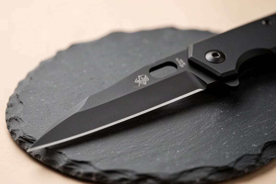 霧黑色 Wharncliffe 刀刃特寫,展現筆直的切割刃口
