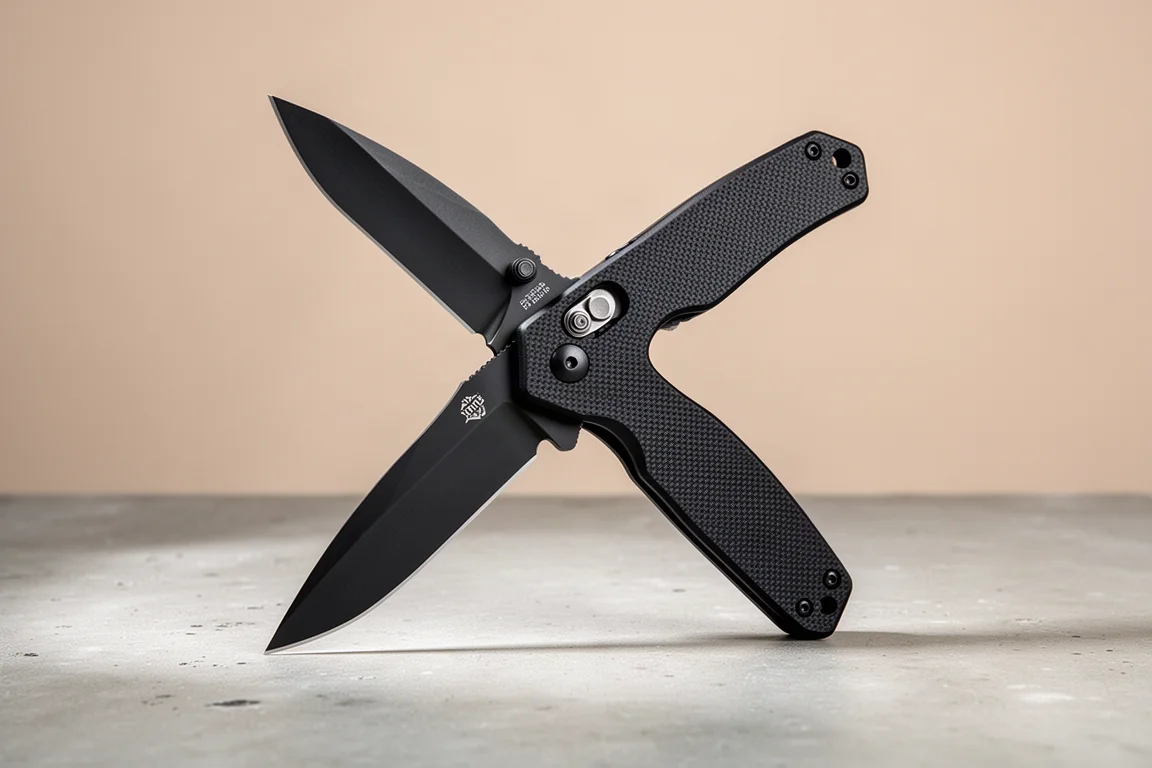 Coltello pieghevole wharncliffe nero opaco con manico in G10 strutturato sul cemento
