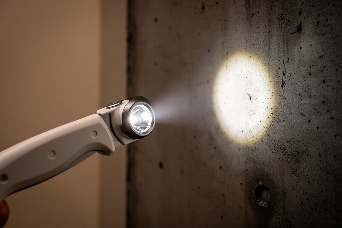 Lichtstrahl aus einem Messergriff, der einen Hot Spot über eine dunkle Oberfläche projiziert