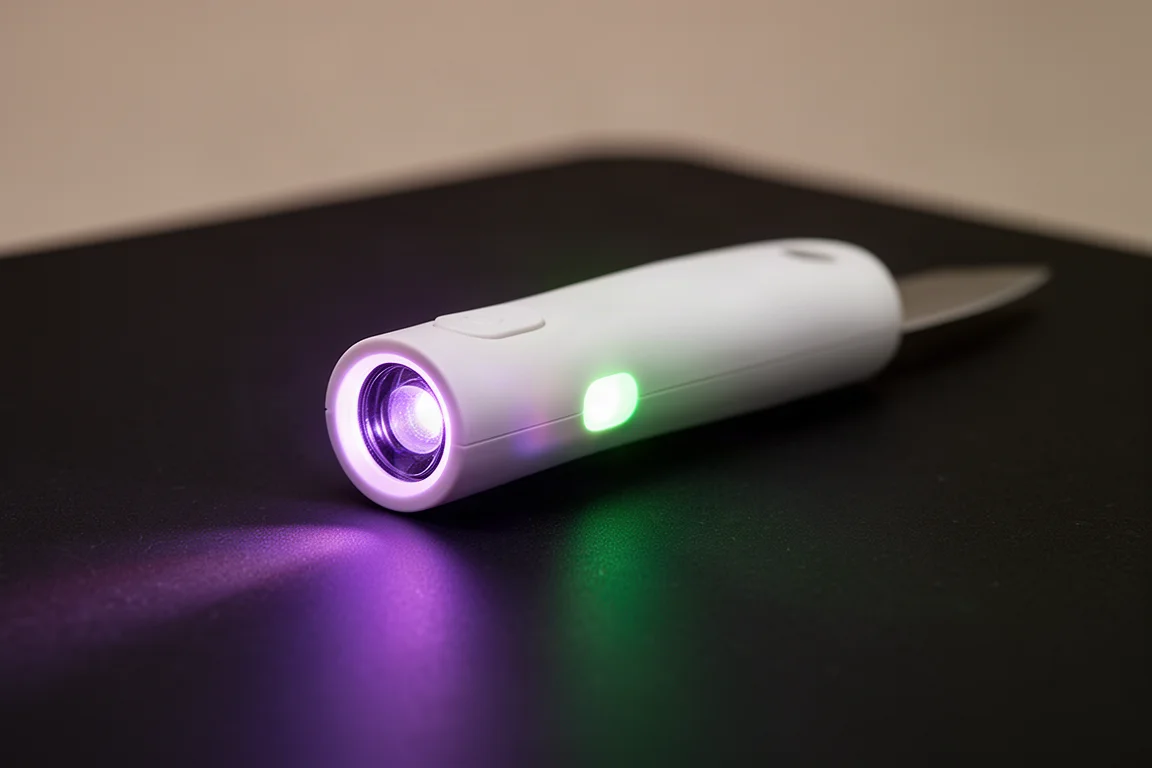 RGB-Licht mit violetten und grünen Farbtönen aus einem kompakten Griff bei wenig Licht