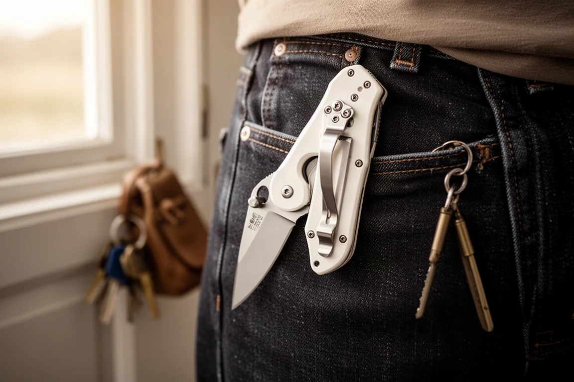 Weißes Pocket-Tool, am Hosenbund der Jeans befestigt, wird von einem Tisch im Eingangsbereich aufgehoben