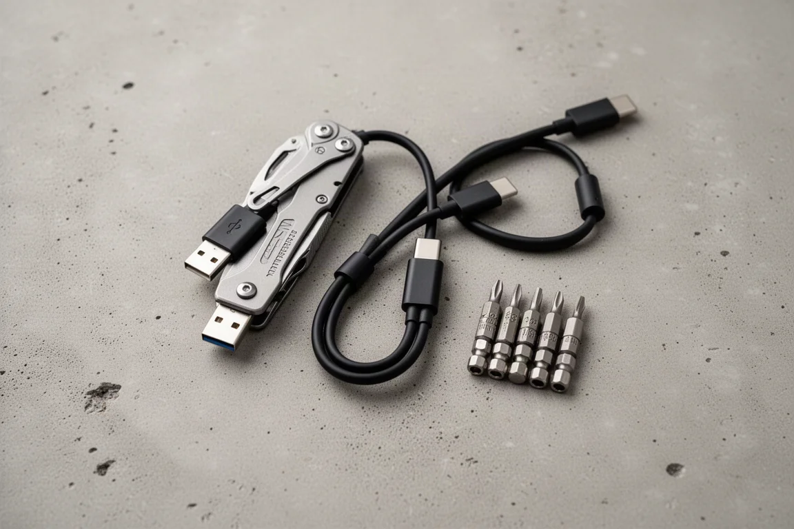 紧凑多功能工具、USB-C 线缆与小批头组平铺于混凝土表面