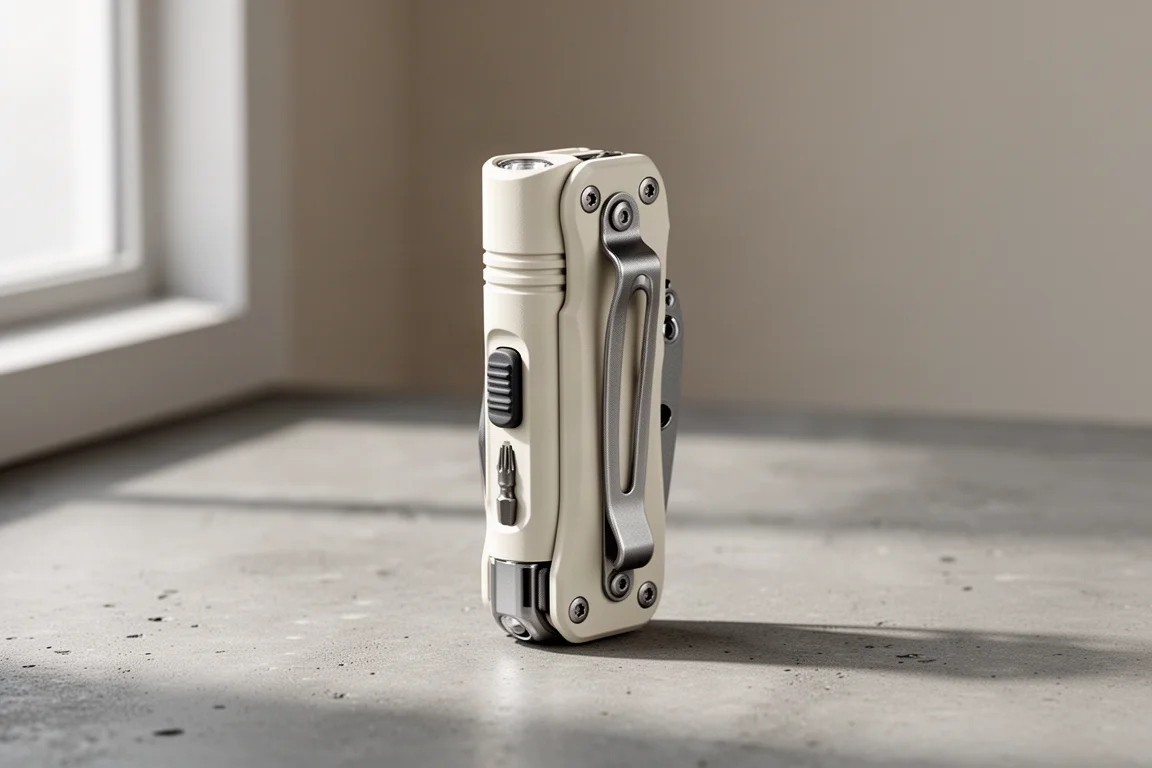 Compact Oknife MK multi-tool in desert white standing on a concrete surface