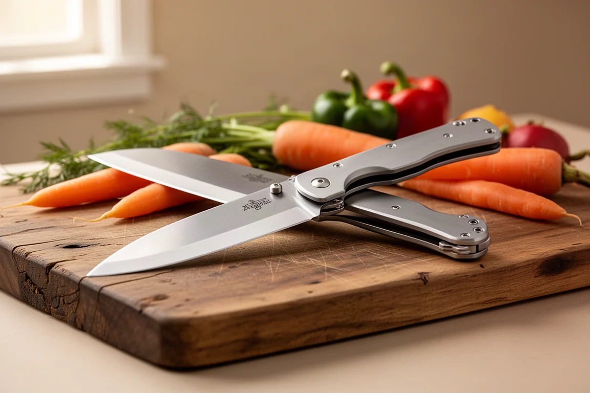 Coltello cleaver pieghevole parzialmente aperto su un tagliere di legno con verdure