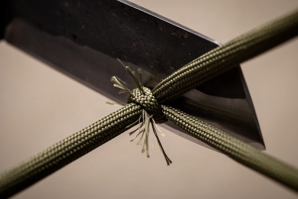 Dettaglio ravvicinato del filo spesso della lama del cleaver che taglia un paracord