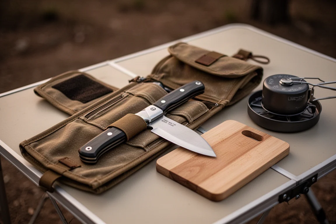 Cleaver pieghevole riposto tra le forniture da cucina per il campeggio