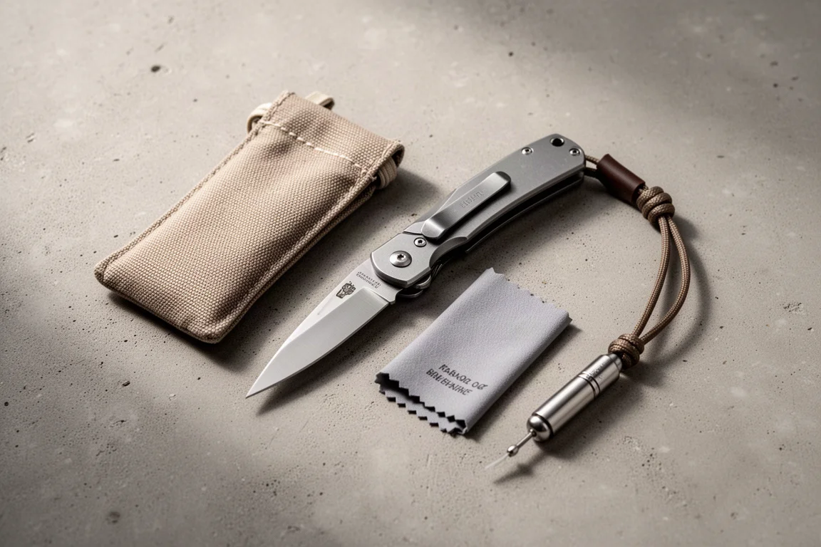 Flat-lay av fällkniv med tillbehör och rengöringsduk på betong