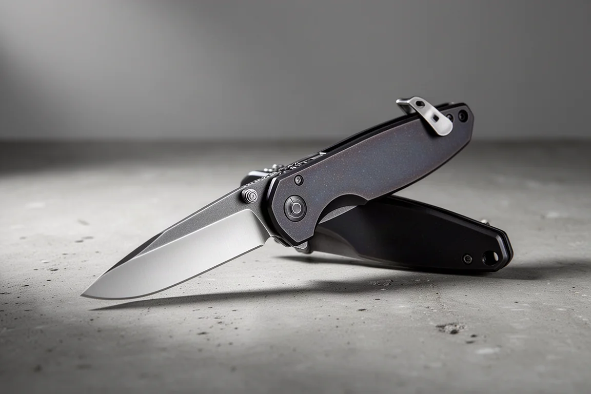 Coltello tascabile chiudibile parzialmente aperto su una superficie di cemento opaco