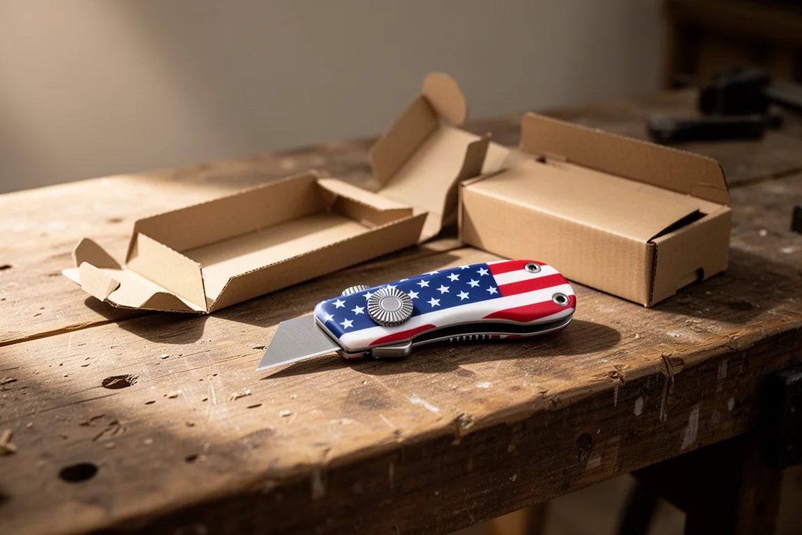Couteau utilitaire compact au manoir étoiles et rayures sur un établi d'atelier